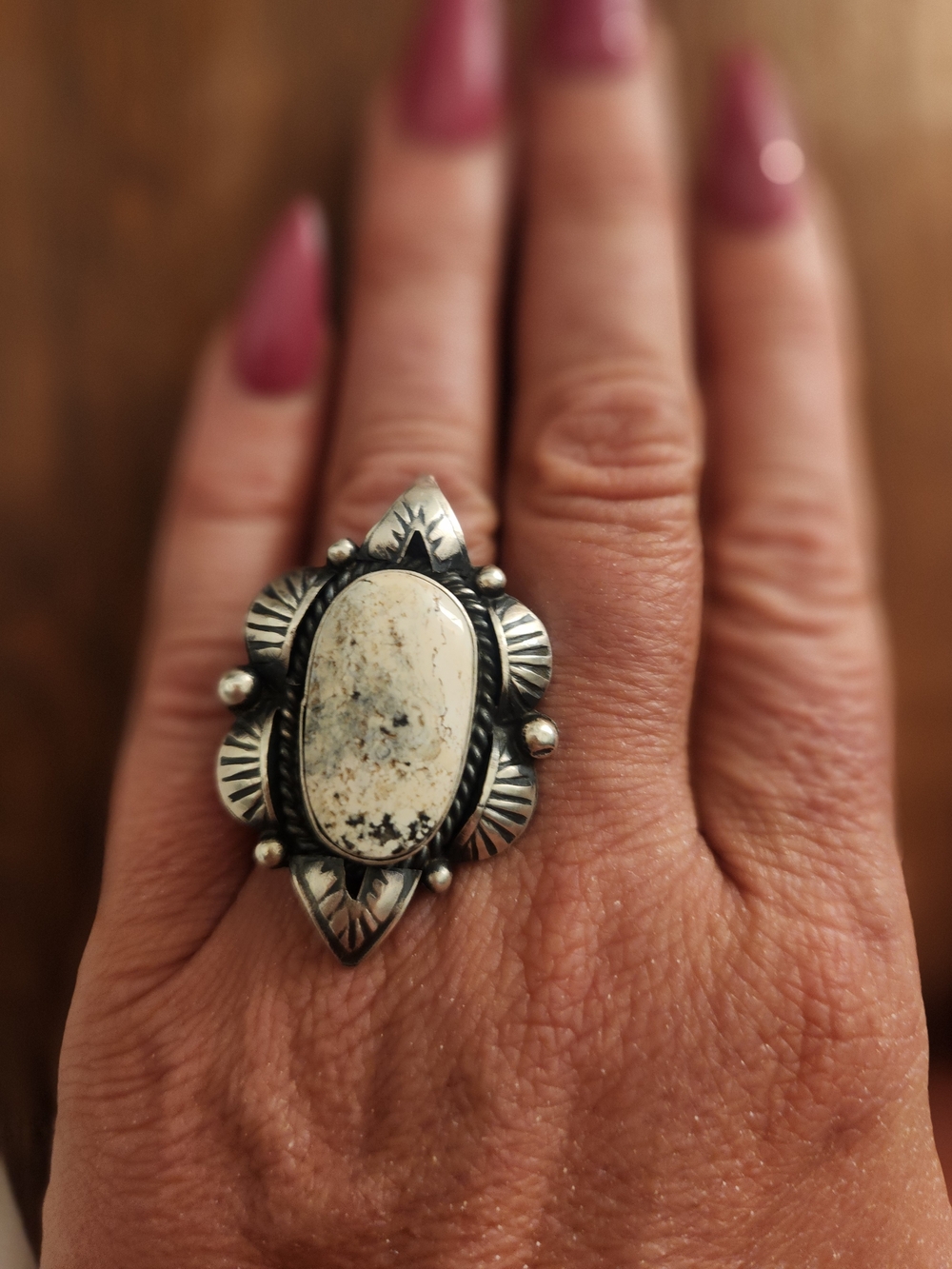 Sterling Silver White Buffalo Statement Ring - Signed By The Artist Adjustable - Picture 4 of 4